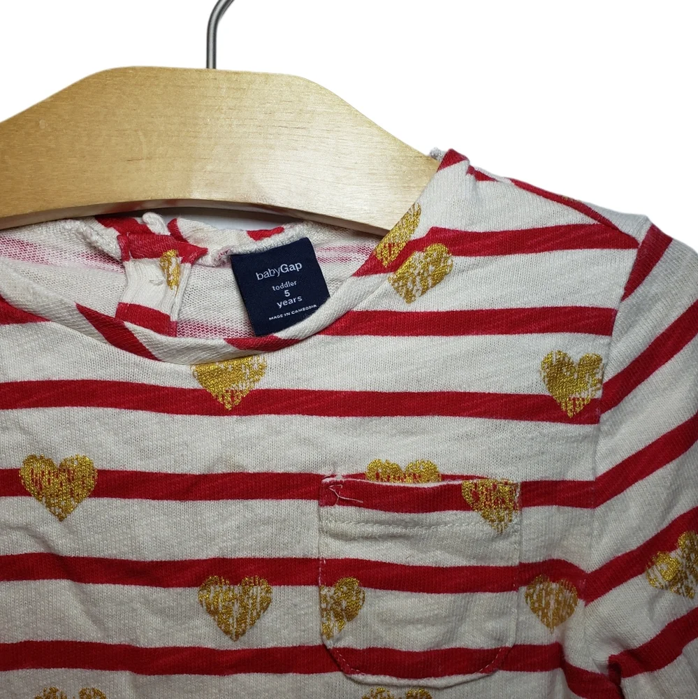 Gap 5T Red Striped Gold Heart Pocket Long Sleeve Chambray Skirt Shift Dress